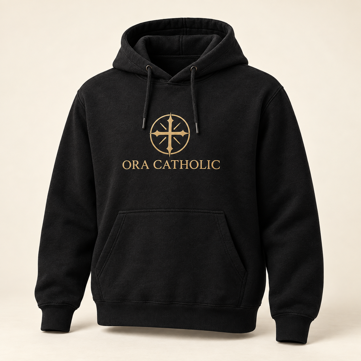 Black Ora Catholic pullover hoodie with gold cross-in-circle and wordmark, design preview